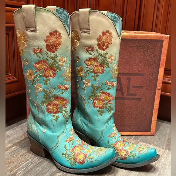 Corral Cowboy Boots C3304 Floral Turquoise Flower Embroidered  7 Rare Wedding - Picture 4 of 10